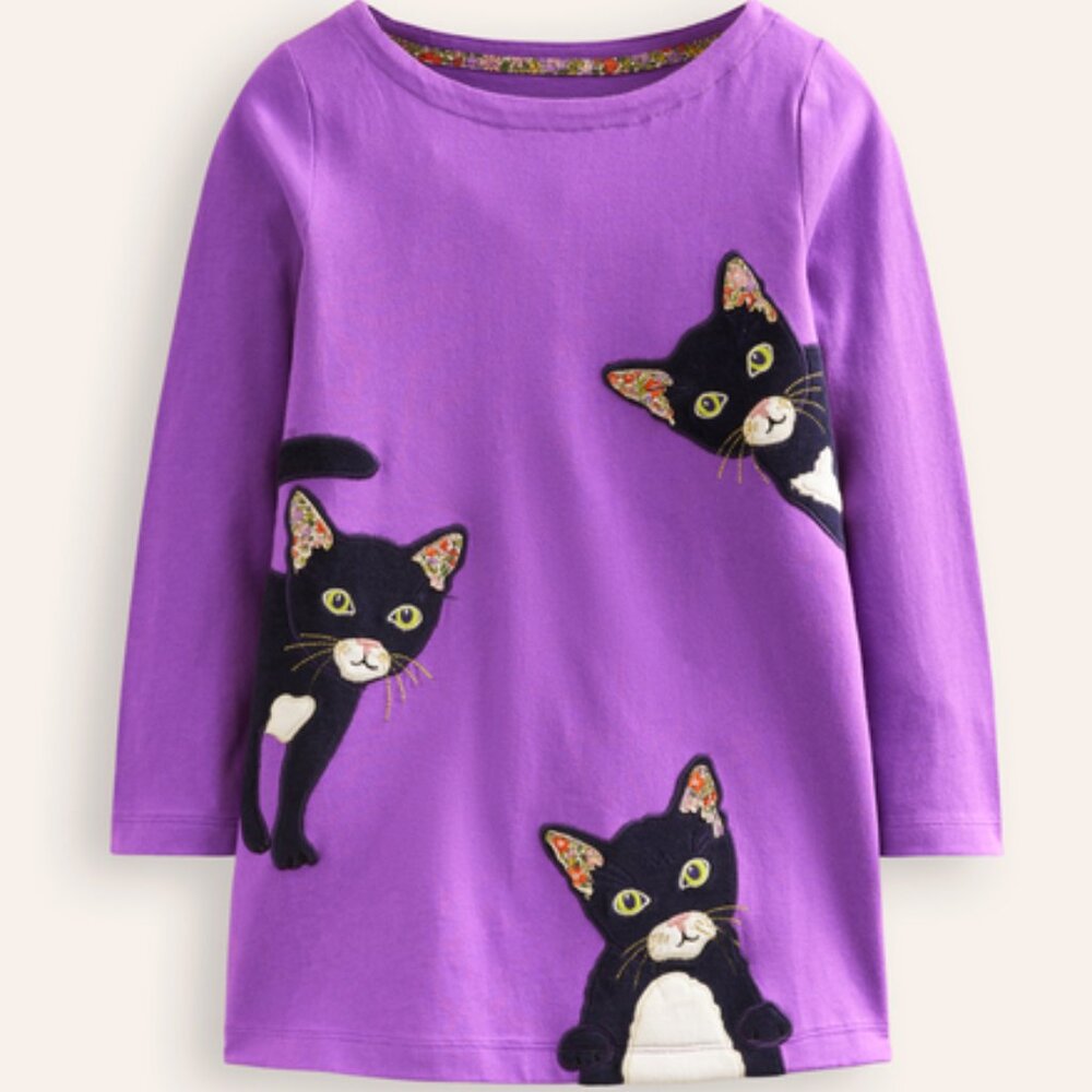 NWT Mini Boden RARE Tuxedo Cats Purple Tunic 5/6Y